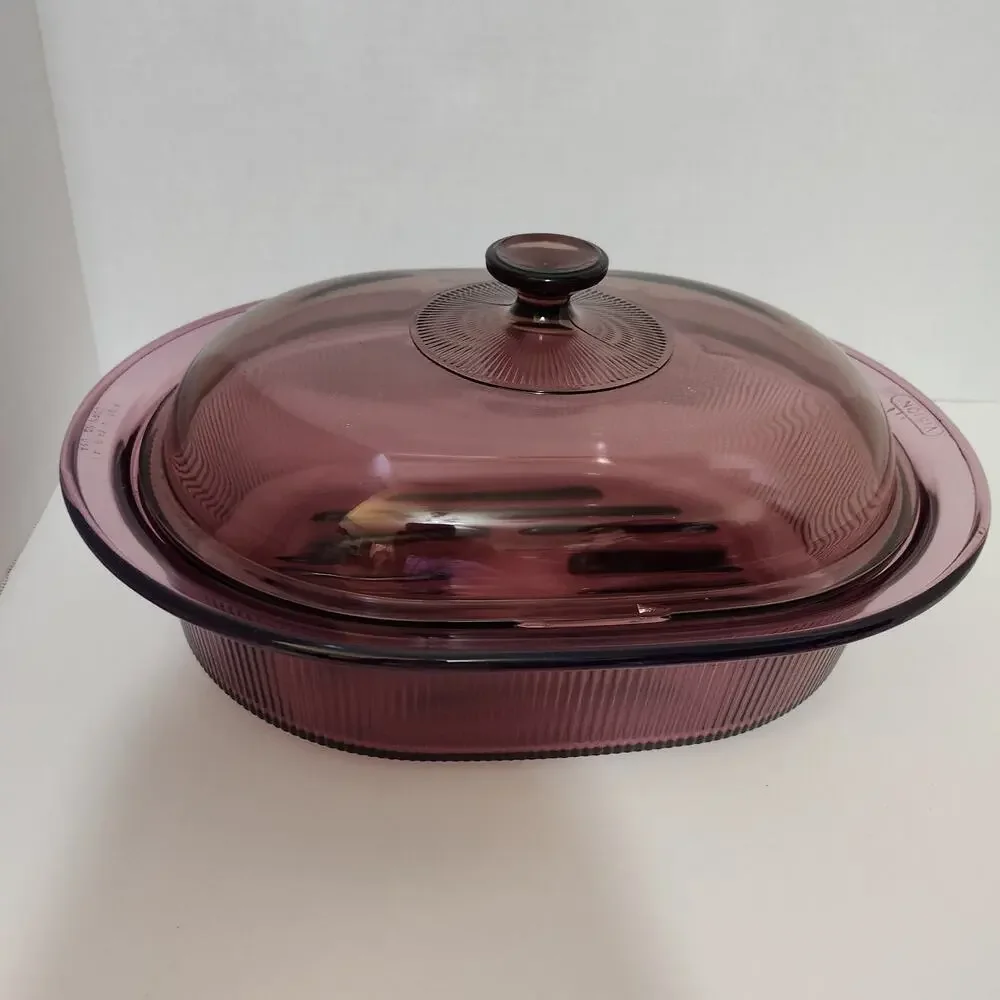 Vtg 4 Quart Cranberry Vision Corning Oval Roaster /Pyrex Lid 14.5 ×7 1/8 90's
